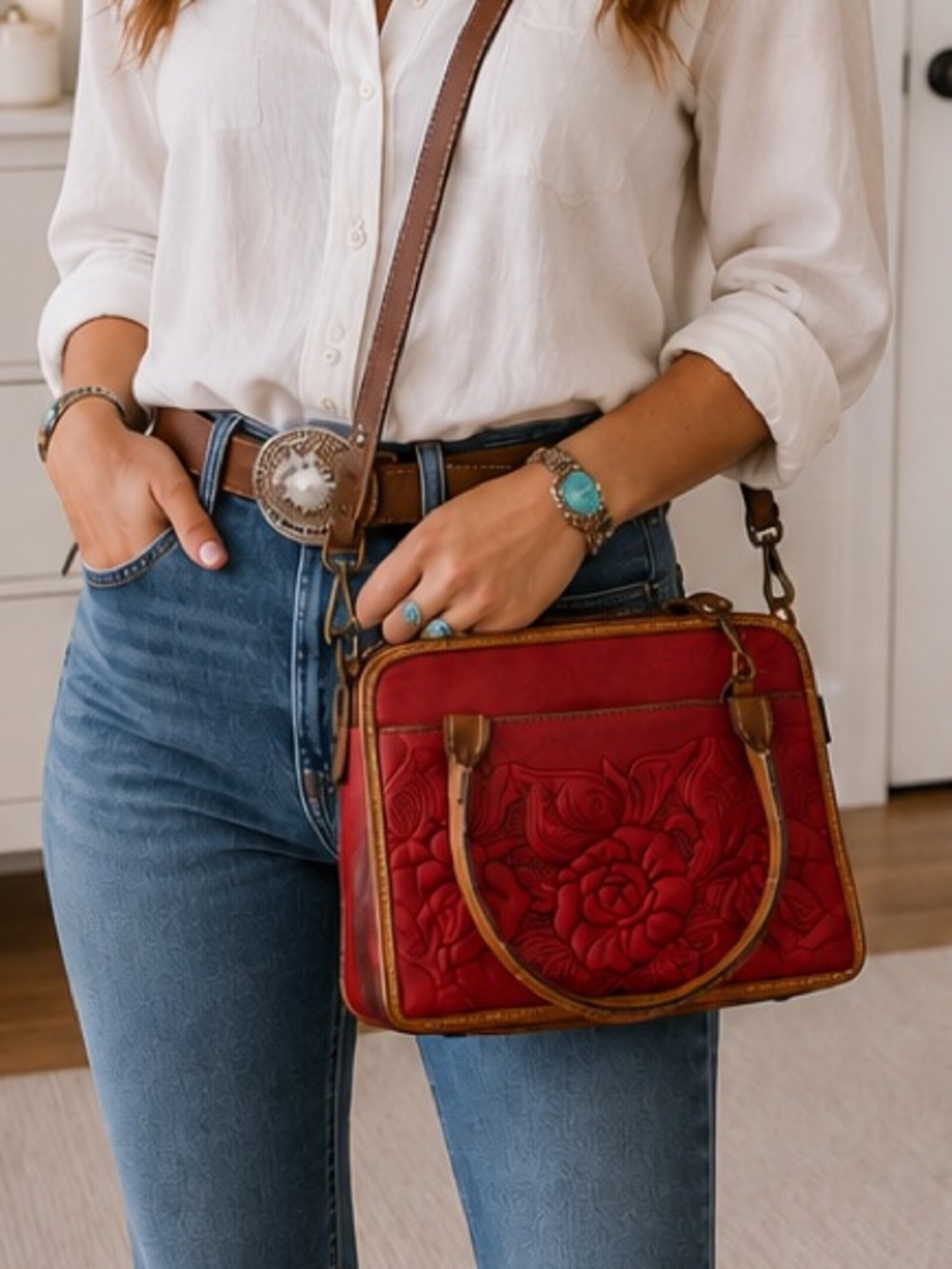 Patricia Nash Papaya Red Floral Embossed Crossbody Bag